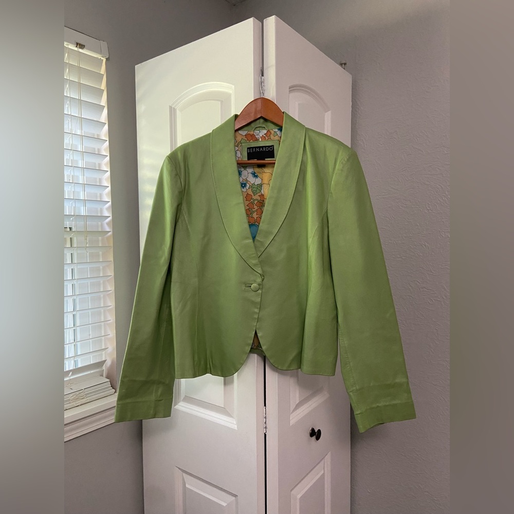 Bernardo Sage Green Leather Blazer with Floral Interior Design